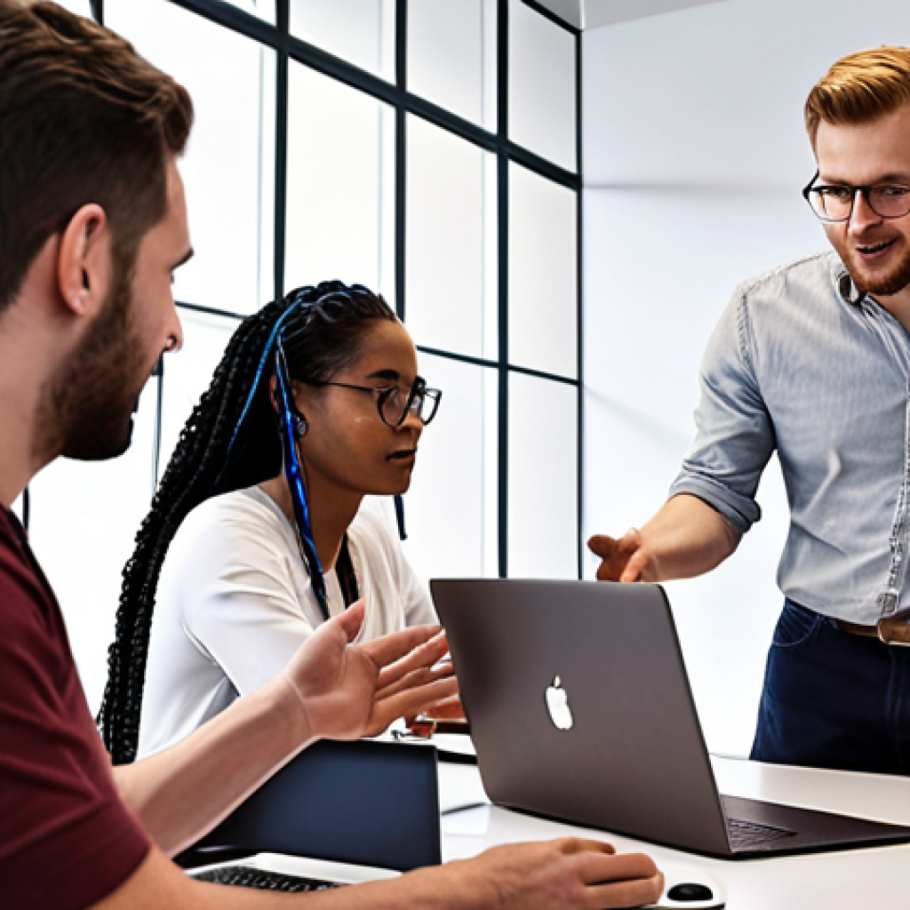 **

"Software development team collaborating, diverse members communicating effectively, using tools like Slack and Jira, open atmosphere, documentation visible in background, focus on teamwork and transparency."

**