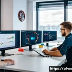 Home 21 CI CD 파이프라인 구축을 위한 교육 자료 - A modern software development team in a Polish office environment collaborating around a large scree...