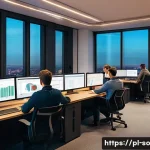 Home 20 CI CD 파이프라인 모니터링 도구 비교 - A modern software development team in a sleek, bright office environment actively monitoring a large...