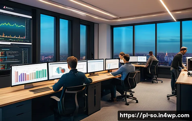 CI CD 파이프라인 모니터링 도구 비교 - A modern software development team in a sleek, bright office environment actively monitoring a large...