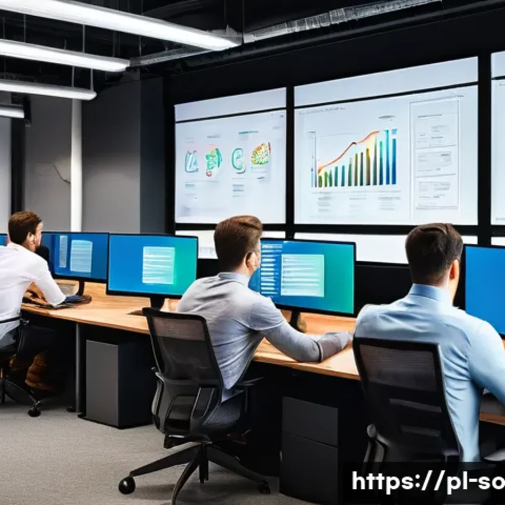 CI CD 파이프라인에서의 코드 형상 관리 - A modern software development team collaborating in a sleek, well-lit office space, multiple develop...