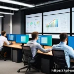 Home 19 CI CD 파이프라인에서의 코드 형상 관리 - A modern software development team collaborating in a sleek, well-lit office space, multiple develop...