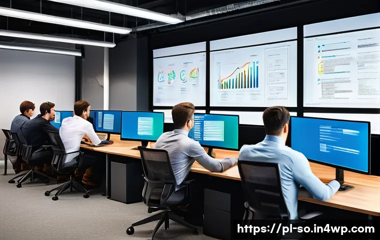 CI CD 파이프라인에서의 코드 형상 관리 - A modern software development team collaborating in a sleek, well-lit office space, multiple develop...