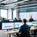 Home 18 CI CD 파이프라인과 컨테이너 기술의 조화 - A modern software development team in a bright, spacious office collaborating around multiple comput...