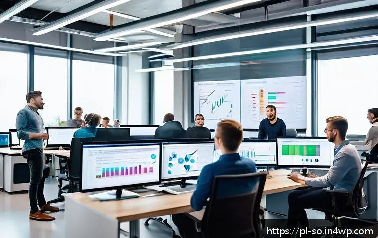 CI CD 파이프라인과 컨테이너 기술의 조화 - A modern software development team in a bright, spacious office collaborating around multiple comput...