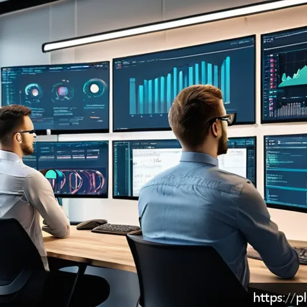 CI CD 파이프라인 구축 시 일반적인 질문 - A modern DevOps engineer working in a bright, spacious office with multiple large monitors displayin...