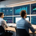 Home 23 CI CD 파이프라인 구축 시 일반적인 질문 - A modern DevOps engineer working in a bright, spacious office with multiple large monitors displayin...