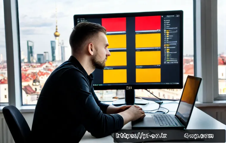 Home 17 CI CD 파이프라인 구축 시 일반적인 오류 - Photorealistic modern software developer workspace in Warsaw, Poland, showing a focused engineer rev...